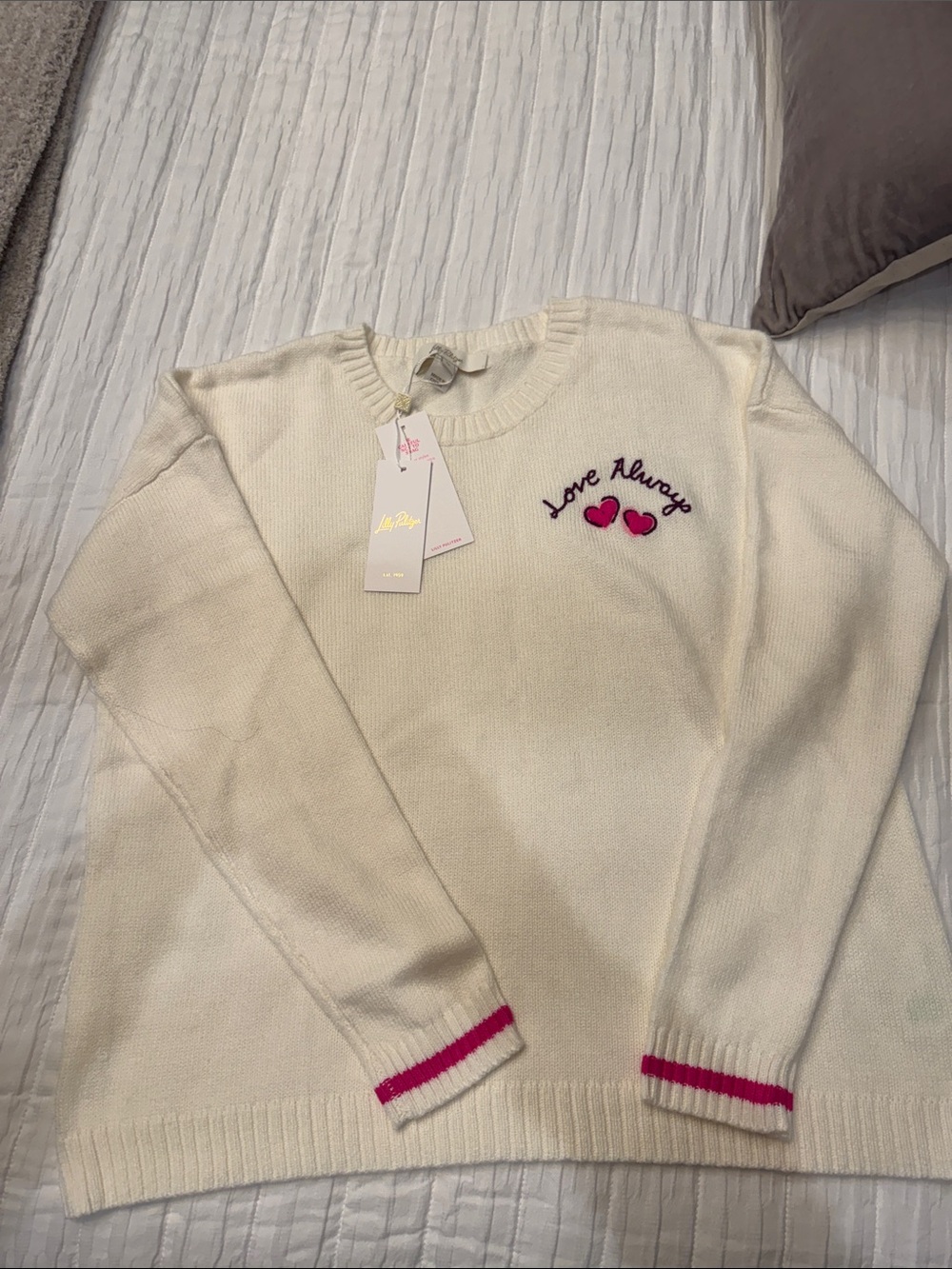 Lilly Pulitzer Cream Crewneck Sweater with Pink Heart Embroidery - Picture 2 of 4